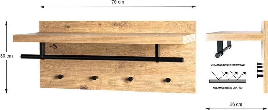 Wandkapstok MDF eikenzwart B 70 x D 26 x H 30 cm Need content in html kapstok hangend met plank