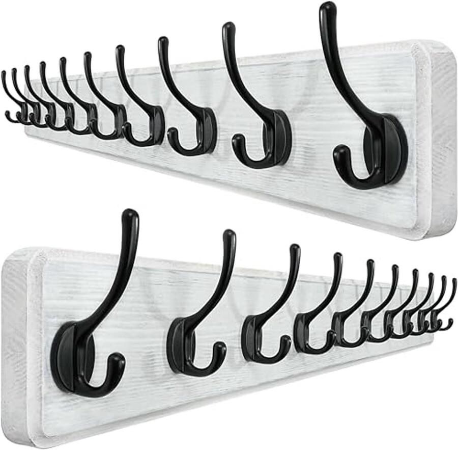 Wandkapstok met 10 Haken 98 cm Lange Houten Kapstok voor Wandbevestiging Rustiek Design voor Kleding Jassen Hoeden Zwart op Wit