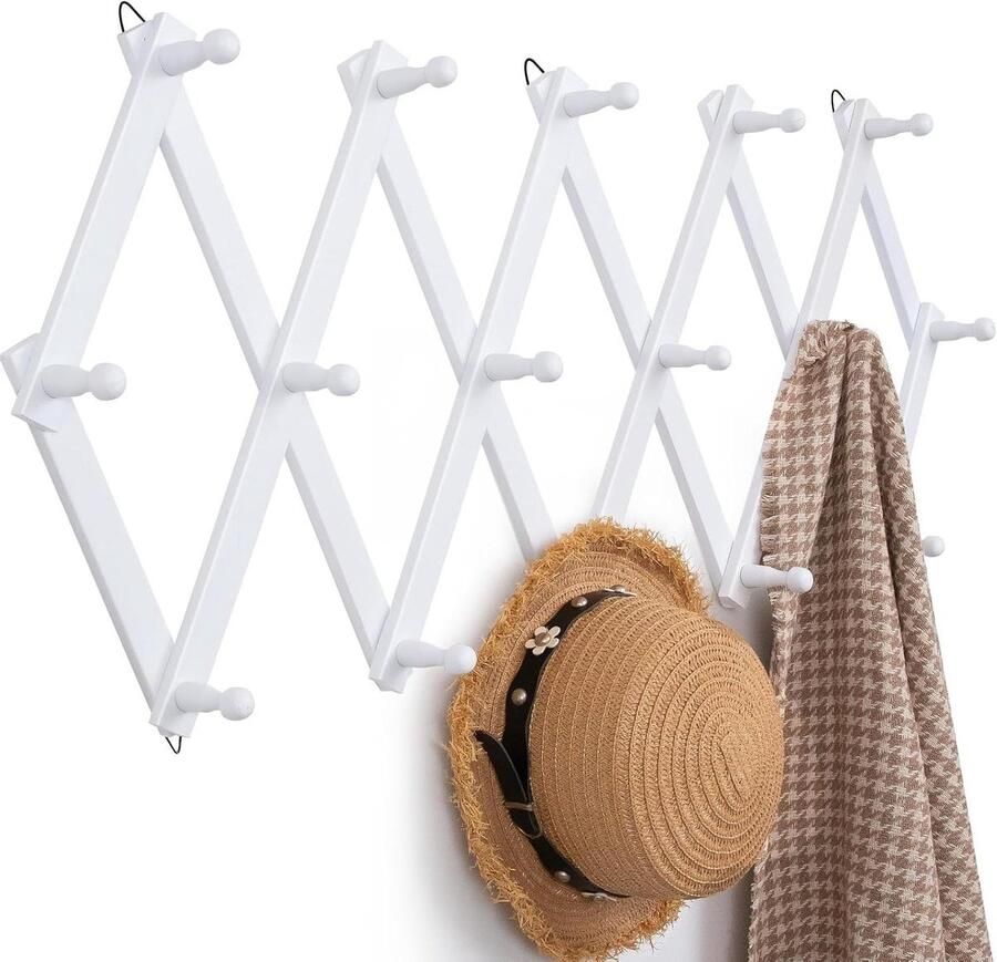 Wandkapstok met 16 haken Wit Opklapbaar Voor hal mokken en hoeden Massief hout Natuurlijk hout 80 cm