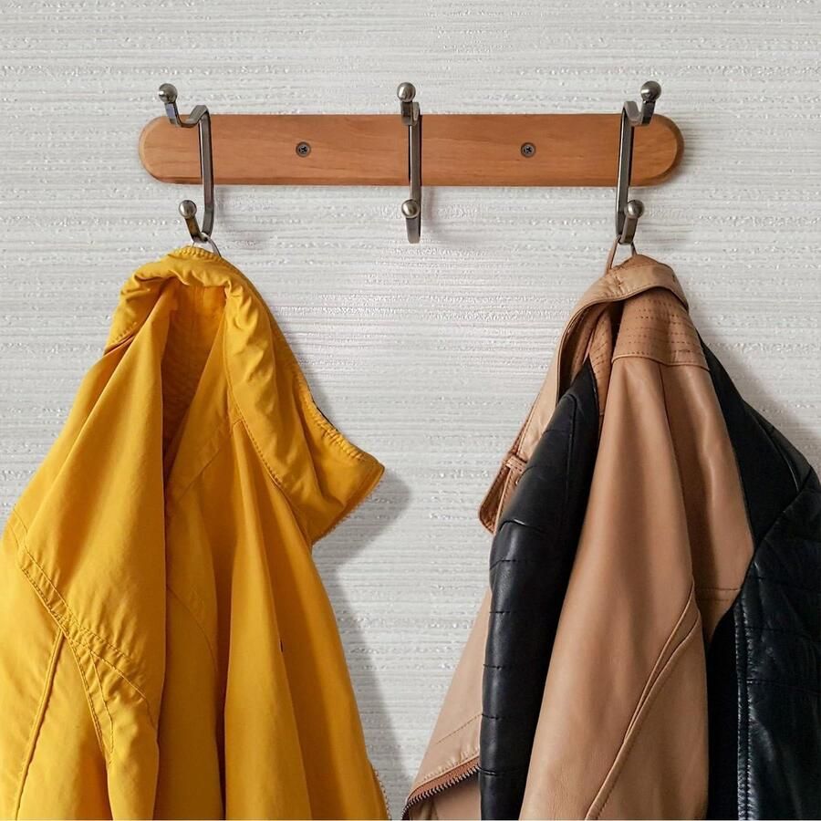 Wandkapstok Met 3 Dubbele Ophang Haken Hangende Design Muurkapstok Muur Wand Kledinghaak Wardrobe Inclusief Bevestigingsmateriaal Hout Metaal Bruin