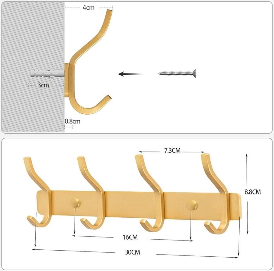 Wandkapstok met 4 haken goud roestvrij staal