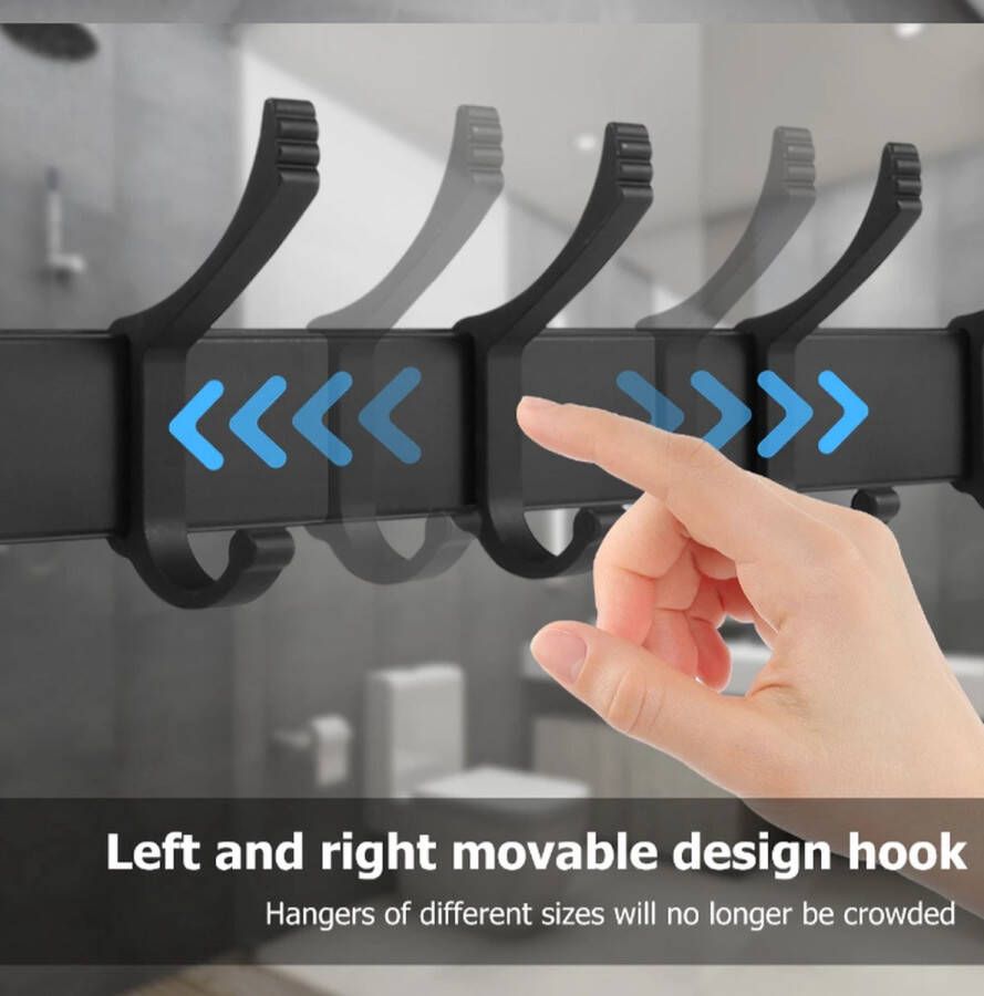 WandKapstok Met 5 Beweegbare Dubbele Haken Zwart Aluminium Kapstok -Hangende Design Muurkapstok Brute Strength -5 Haken schuifbaar -Industrieel Kapstok Zwart