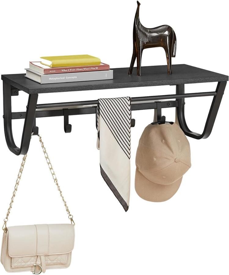 Wandkapstok met 5 Haken en Plank voor Muur Zwart Metaal en Hout