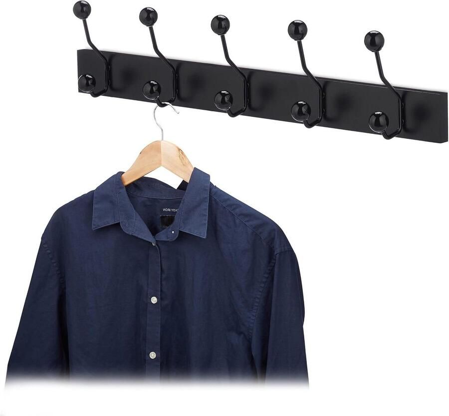 Wandkapstok met 5 haken HBD 14x65x7 cm MDF hakenlijst Kapstok met dubbele kledinghaken Hal of gang Zwart kapstok hangend met plank