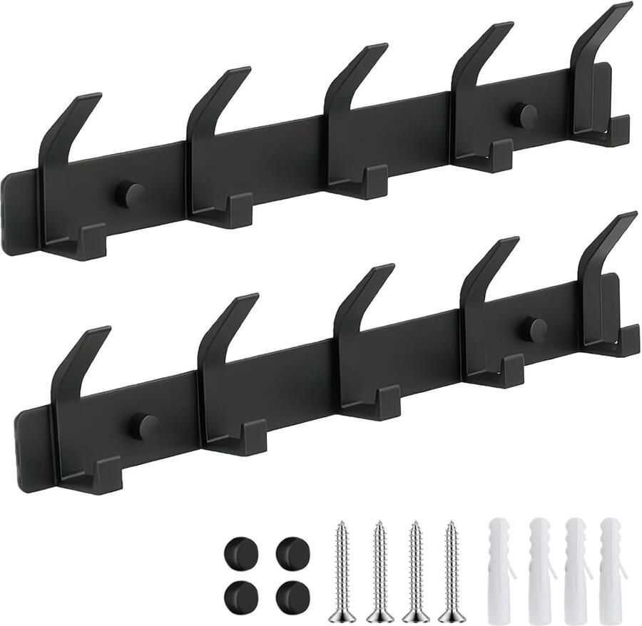 Wandkapstok met 5 Haken Modern en Functioneel 2 Stuks Zwart 37cm