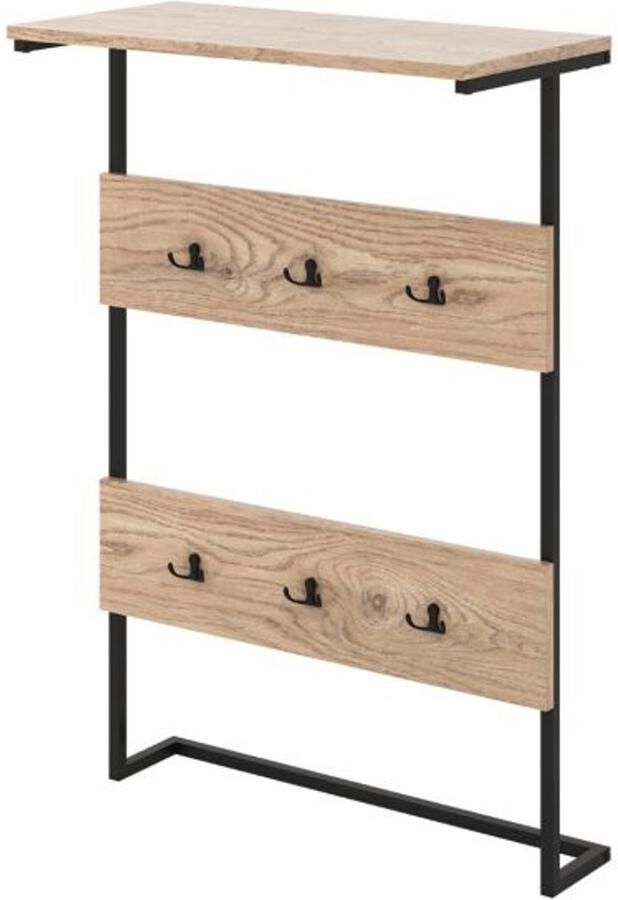 Wandkapstok met 6 Haken en Displayplank Ruimtebesparend Kledingrek in Natuurlijke Houtstijl (Metalen Frame)