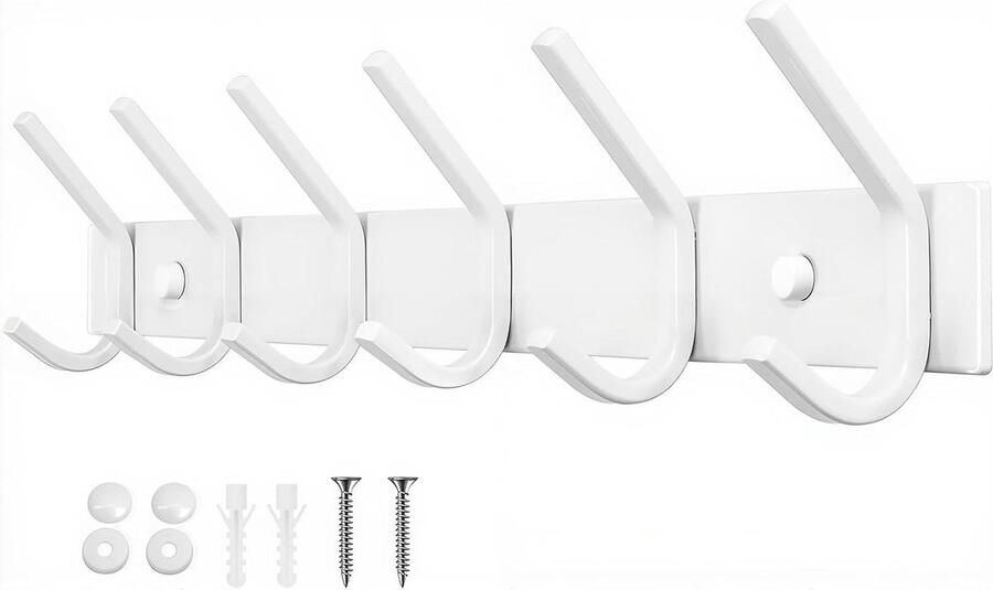 Wandkapstok met 6 haken roestvrij staal wit geschikt voor slaapkamer badkamer keuken