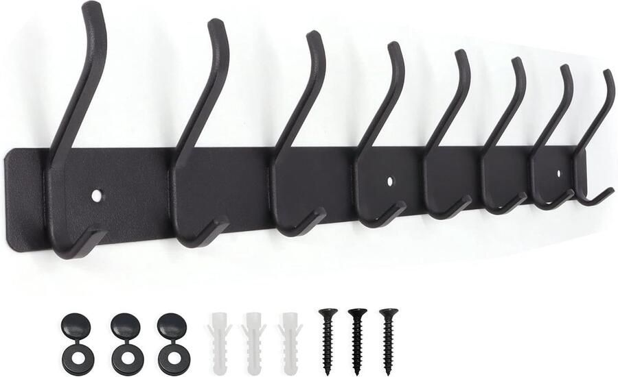 Wandkapstok met 8 haken ruimtebesparend zwart metaal 48 x 9 x 4 cm