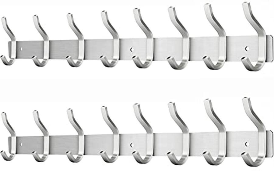 MEIJO roestvrijstalen kapstok wandhaakrek met 8 haken kapstok wandkapstok voor slaapkamer badkamer keuken (zilver 8 haken 2 stuks)