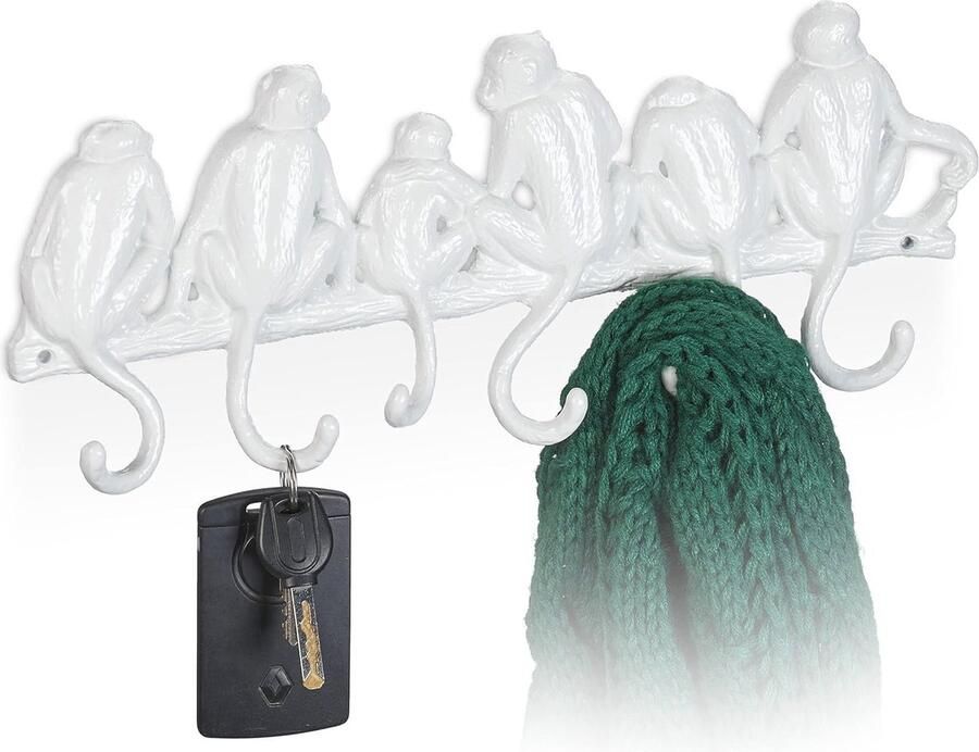 Wandkapstok met aap design Gietijzer met 6 haken wit