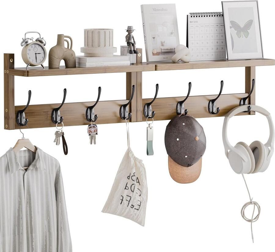 Wandkapstok met Bamboe Plank en 8 Haken voor Hal Keuken Badkamer en Woonkamer