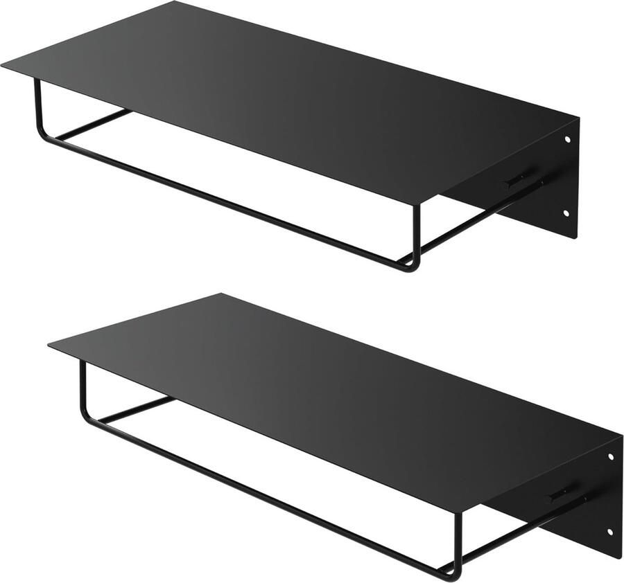 Wandkapstok met haakrail en kledingstang 2 stuks zwart metalen design voor jassen en hoeden - Foto 2