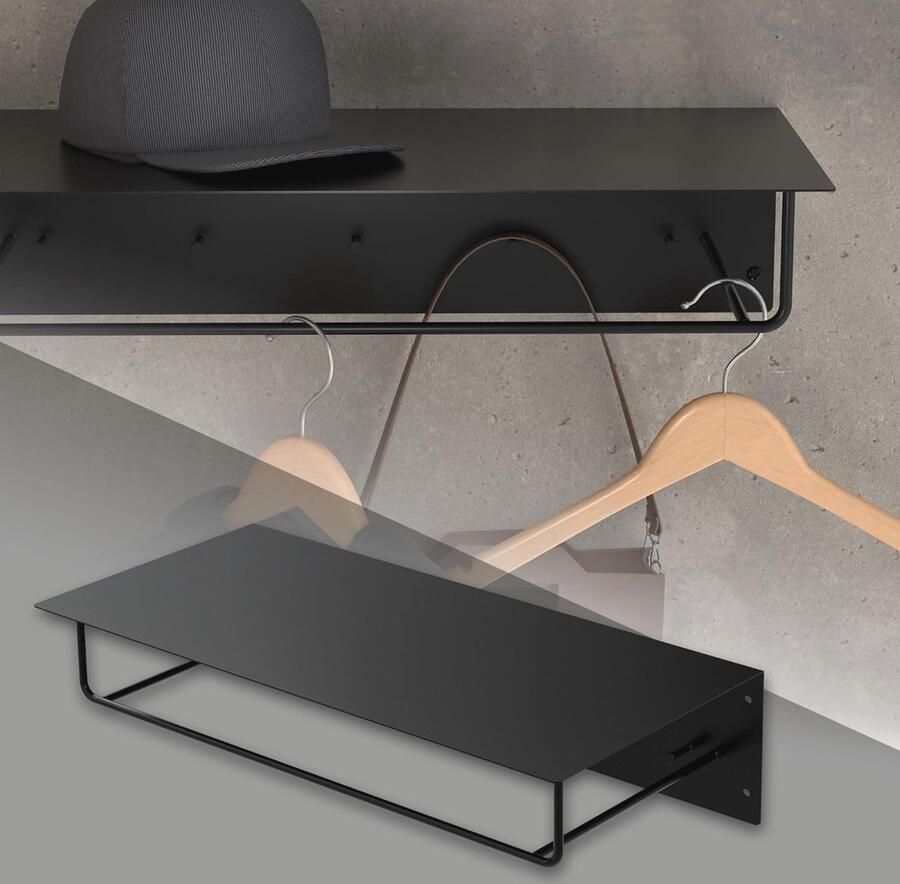 Wandkapstok met Haakrail en Kledingstang Modern Zwart Metalen Ontwerp Geschikt voor Entree Hal en Inloopkasten