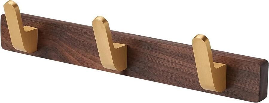 Wandkapstok met haken Houten kapstok Opbergen en ordenen Gouden zinklegering 30cm 3 haken Walnoot bruin - Foto 2