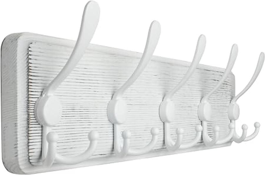 Wandkapstok met Haken Houten Muur Gemonteerde Kapstok voor Jassen en Kleding 10 Haken Rustiek Wit