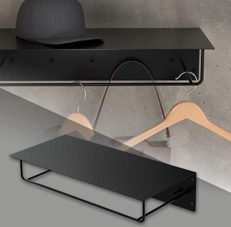 Wandkapstok met Hoedenplank Jashangers en Kledingrail 60x30x15 cm Zwart Metaal