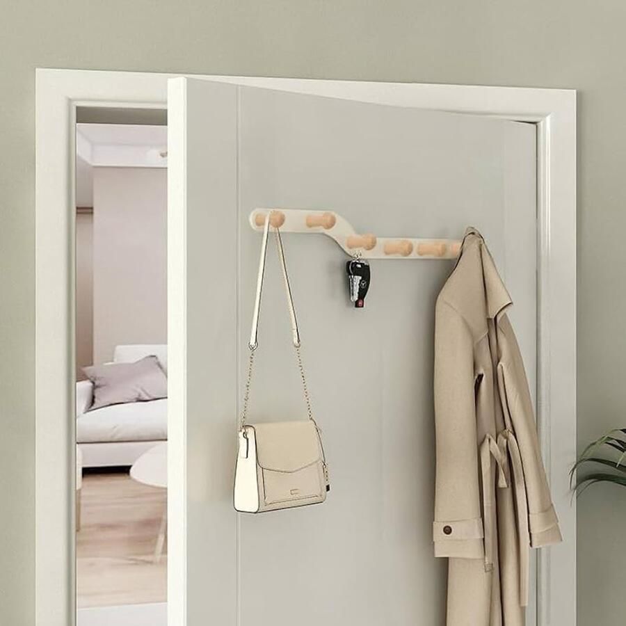 Wandkapstok met Houten Haken Ruimtebesparend en Stijlvol 6 Stuks Hout en Metaal