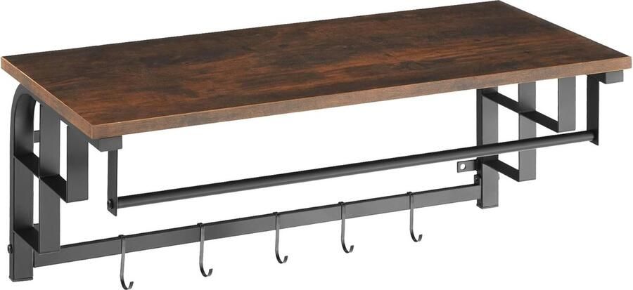 Wandkapstok met Houten Plank en 5 Afneembare Haken Industrieel Design Zwart Metalen Frame Ruimtebesparend