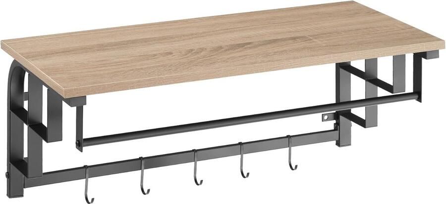 Wandkapstok met Houten Plank en 5 Haken Industrieel Design voor Hal of Entree Zwart en Hout