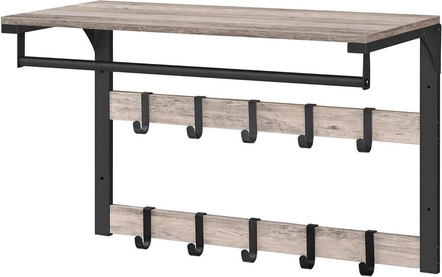 Wall Coat Rack with Shelf 10 Removable Hooks Hanging Rail for Hallway Bedroom Bathroom Gray-Black
