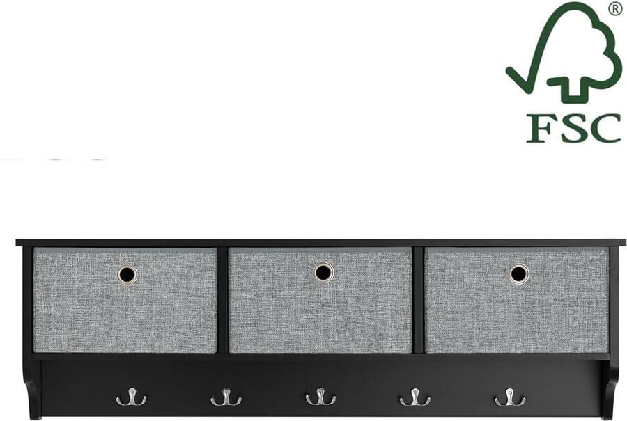 Rootz Living Rootz Wandkapstok met opbergruimte Sleutelorganizer Halplank FSC-gecertificeerd 100x30x20 cm Milieuvriendelijke honingraatverpakking