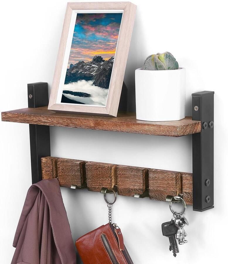 Wandkapstok met plank 406 cm draaibare wandhaken Rustiek hout en versterkt ijzer Voor entree woonkamer slaapkamer badkamer