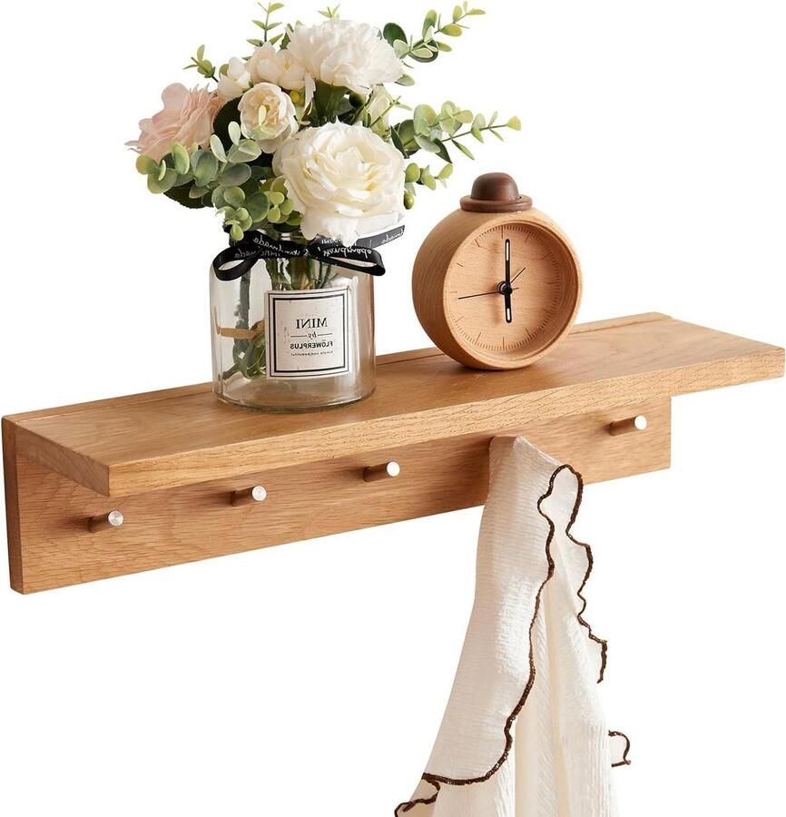 Wandkapstok met Plank 50 cm Halkapstok Kapstok met 5 Haken Houten Wandplank Zwevende Plank Massief Eiken Voor Slaapkamers Woonkamers Keukens Jassen Tassen Gangen kapstok hangend met plank - Foto 2