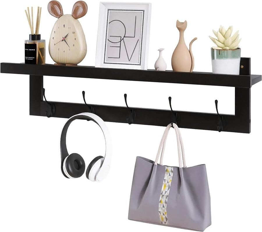 Coat Rack with Shelf Wall Mounted 74cm Bamboo Hanging Shelf with 5 Double Metal Hooks for Bathroom Bedroom Kitchen Living Room Mudroom (Black)