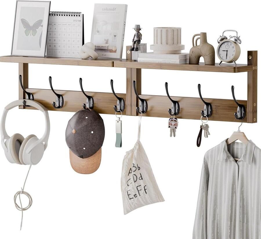 Wandkapstok met Plank Bamboe wandplank 40 cm 8 haken wandmontage hangplank 2 kapstokken Voor Hal Keuken Badkamer Woonkamer Bijkeuken Walnoot