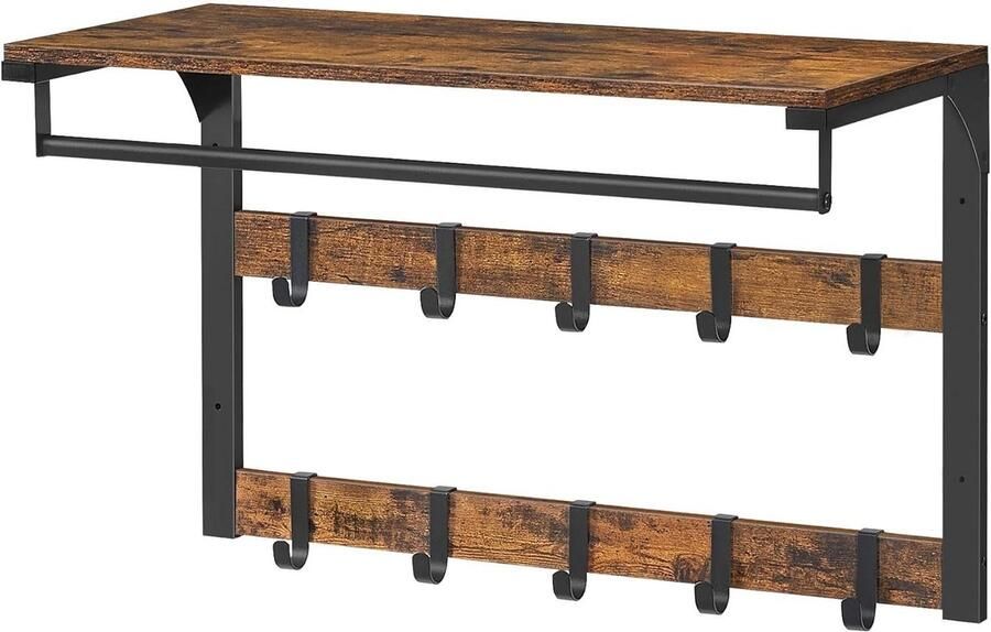Wall Coat Rack with Shelf and 10 Removable Hooks Hanging Shelf Vintage Brown Black for Hallway Bedroom Bathroom halmeubel met kapstok