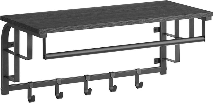 Wandkapstok met Plank en 5 Afneembare Haken – Wandrek met Hangstang – Voor Hal Slaapkamer en Woonkamer – Antracietgrijs Zwart