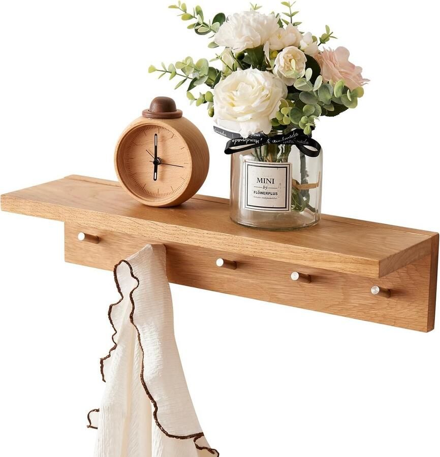Wandkapstok met Plank 50 cm Halkapstok Kapstok met 5 Haken Houten Wandplank Zwevende Plank Massief Eiken Voor Slaapkamers Woonkamers Keukens Jassen Tassen Gangen kapstok hangend met plank - Foto 3