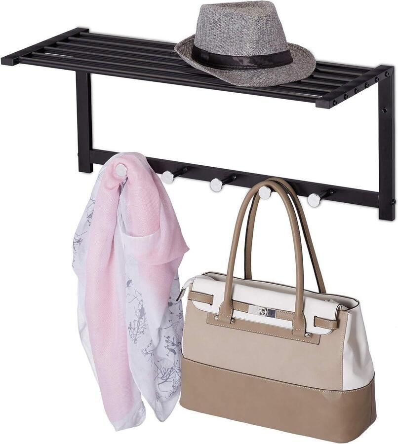 Wandkapstok met plank en 5 haken Modern metaal 28 x 65 x 25 cm Zwart Hal & badkamer HBD kapstok hangend met plank