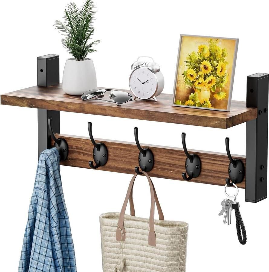 Wandkapstok met plank Houten en metalen kapstok met 5 haken Muur mount wandplank Kledinghaken voor opknoping Hal Slaapkamer Badkamer Keuken Thuis Kapstok Muur mount plank kapstok hangend met plank