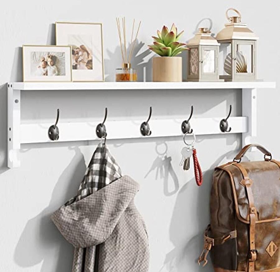 Wandkapstok met Plank en 5 Haken Ruimtebesparende Oplossing voor Hal Woonkamer Badkamer en Slaapkamer (Wit 73 4 x 11 4 cm)