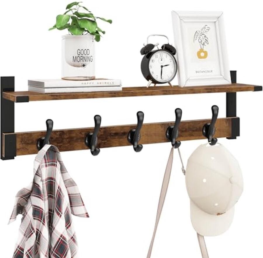 Wandkapstok met Plank en Haken 76 cm Houten Entree Plank met 5 Hangers voor Jassen Hoeden en Rugzakken Rustiek Bruin Zwart