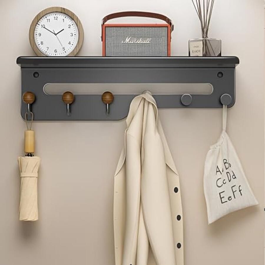 Wandkapstok met Plank en Haken Handdoekrekken en Opslagoplossing voor Badkamer en Entree Modern Ontwerp (Grijs 6 Haken)