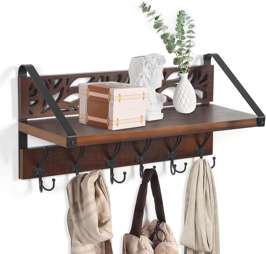 Wandkapstok met Plank en Haken Multifunctionele Wandrek voor Kleding en Decoratie