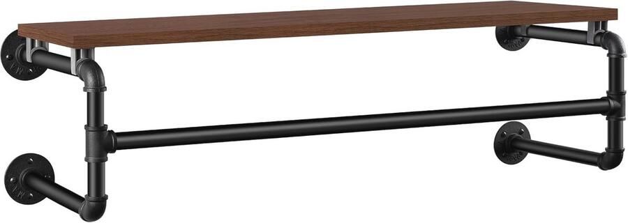 Wandkapstok met Plank en Kledingstang Industrieel Design 103 x 27 x 28 5 cm Zwart Metaal en Hout