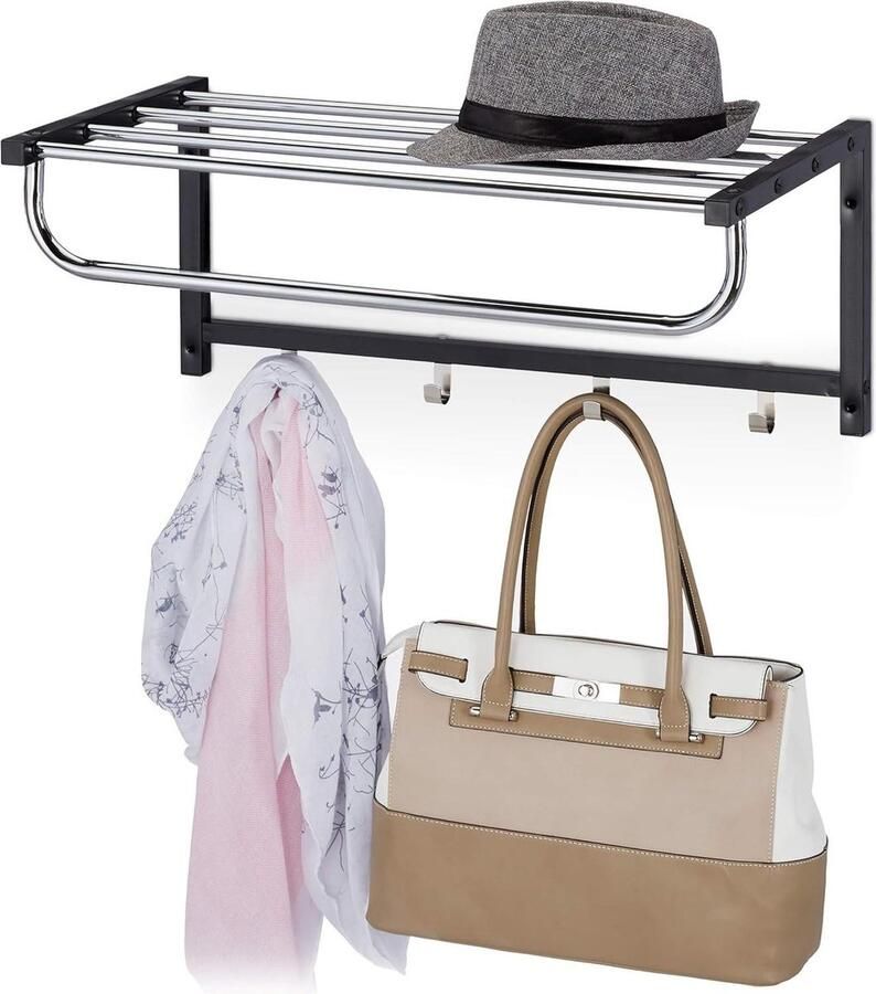 Wandkapstok met plank Moderne kapstok met 4 haken Hal & badkamer Metaal Zwart HBD 25 x 60 x 32.5 cm kapstok hangend met plank