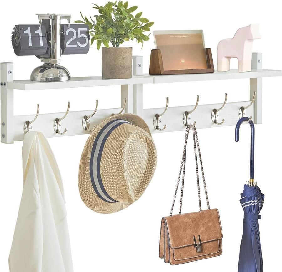 Wandkapstok met plank set van 2 wandhangers in één pakket garderobehaken met 8 dubbele haken 80 cm voor hoeden kleding decoratie in de ingang hal keuken slaapkamer wit