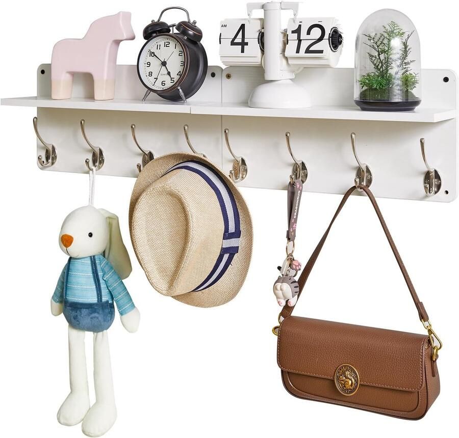 Wandkapstok met plank set van 2 wandkasten in één pakket garderobehaken met 8 dubbele haken hout voor mantels jassen hoeden tassen voor entree slaapkamer wit