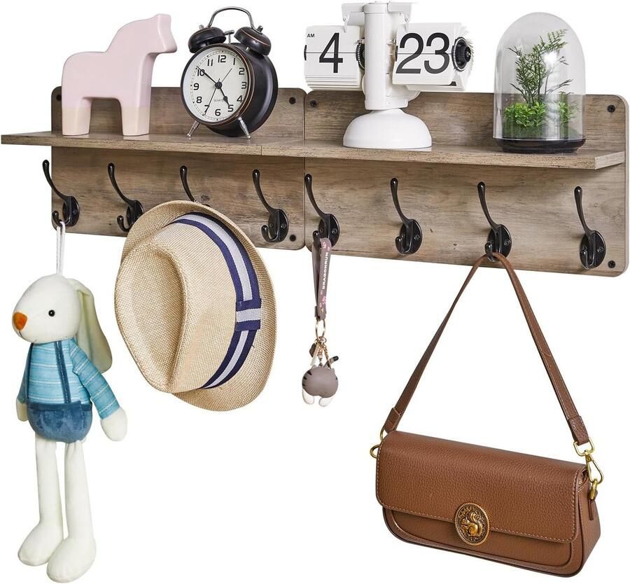 Wandkapstok met plank set van 2 wandrekken in één pakket garderobehaken met 8 dubbele haken hout voor mantels jassen hoeden tassen voor entree slaapkamer grijs