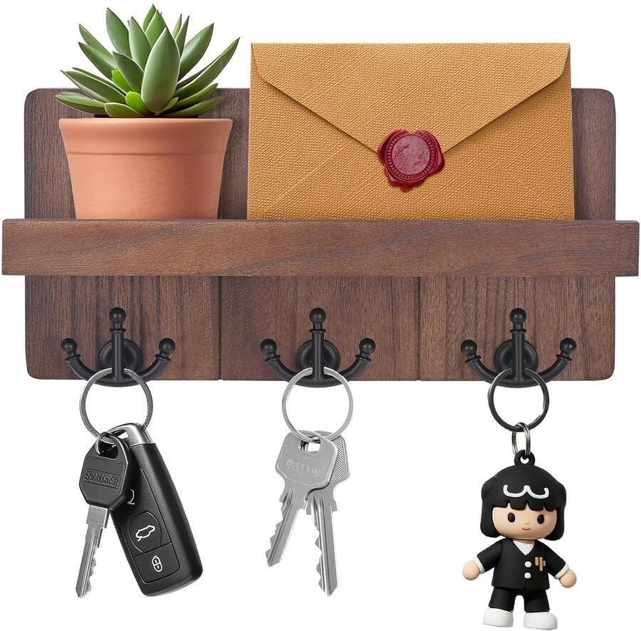 Wandkapstok met Plank Sleutelhouder Hout en Metaal Ruimtebesparend