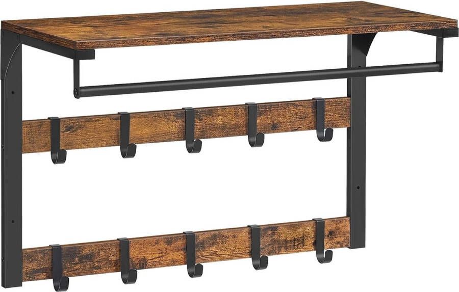 Wandkapstok Met Plank Vintage Bruin-Zwart 10 Afneembare Haken & Kledingroede Industrieel Ontwerp Voor Hal Slaapkamer Badkamer