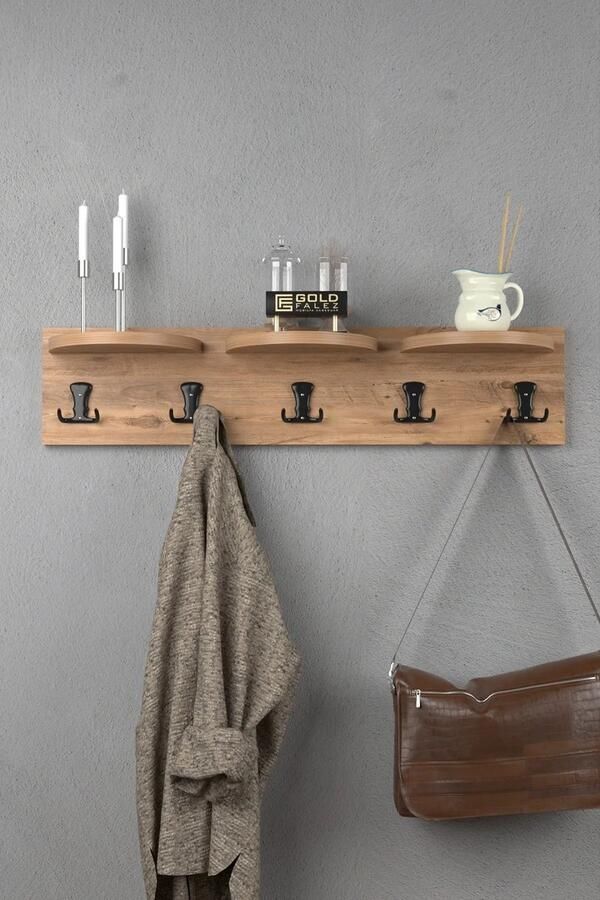 Wandkapstok met Plank Wandkapstok Houtkleur Kapstok Wandkapstok Industrieel 80*18 cm