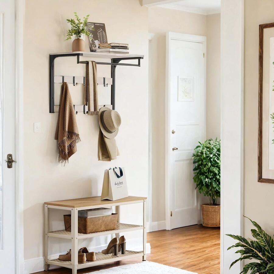 Wandkapstok met plank wandplank met 10 afneembare haken