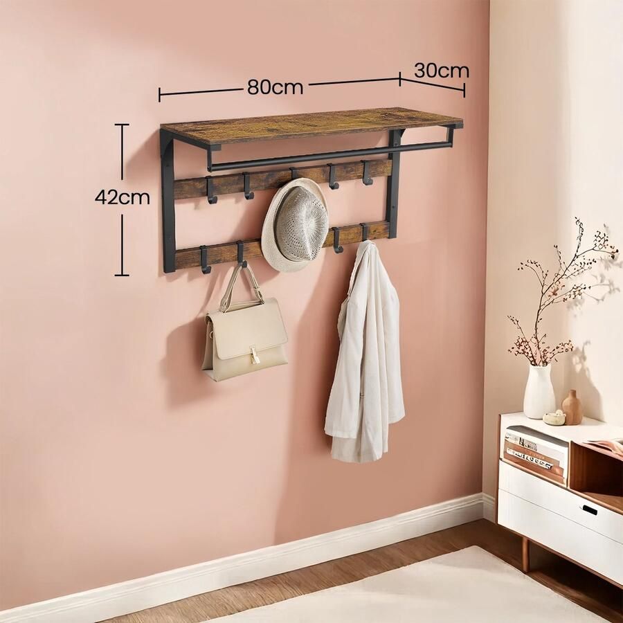 Wandkapstok met plank wandplank met 10 afneembare haken