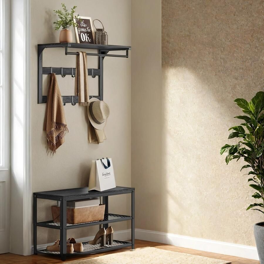 Wandkapstok – Met Plank – Wandplank – Met 10 Afneembare Haken