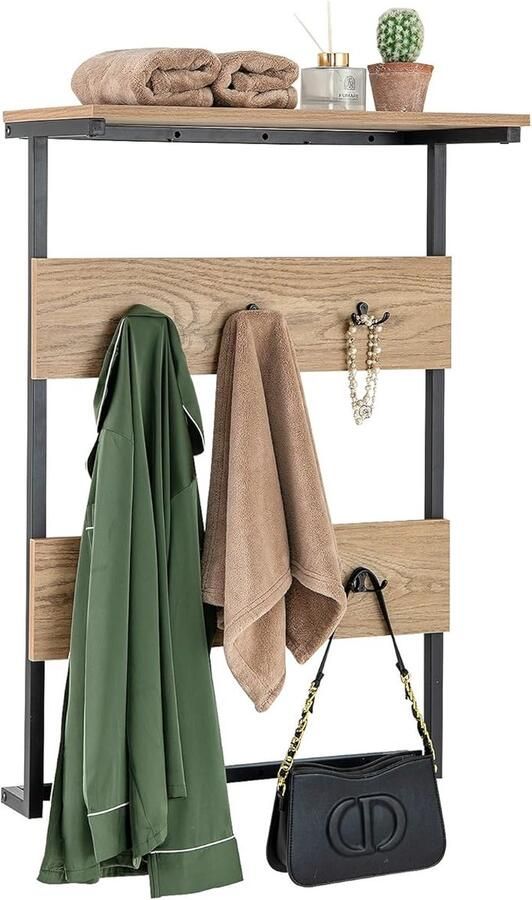Wandkapstok met plank Wandrek met 6 haken Industriële kapstok met metalen frame Kledingroede Garderobepaneel voor entree Woonkamer Slaapkamer Natuur